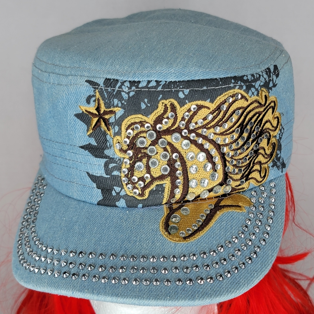 `H25707 NWT Professional Style Rhinestone Light Denim Cadet Cap - Horse and Star